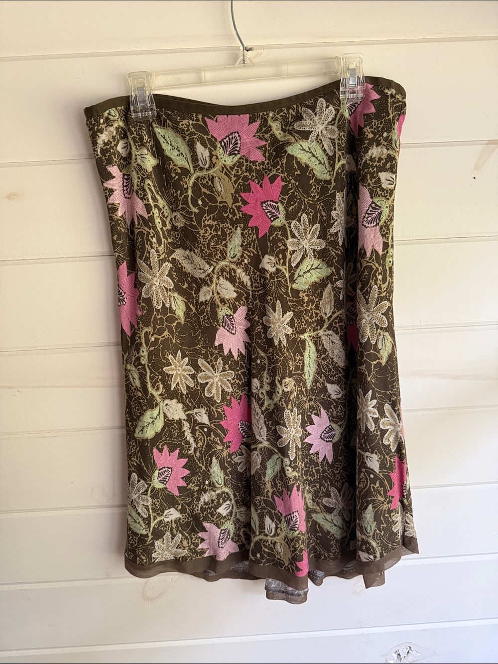 Sigrid Olsen Brown A-Line Skirt with Pink and Green Floral Print